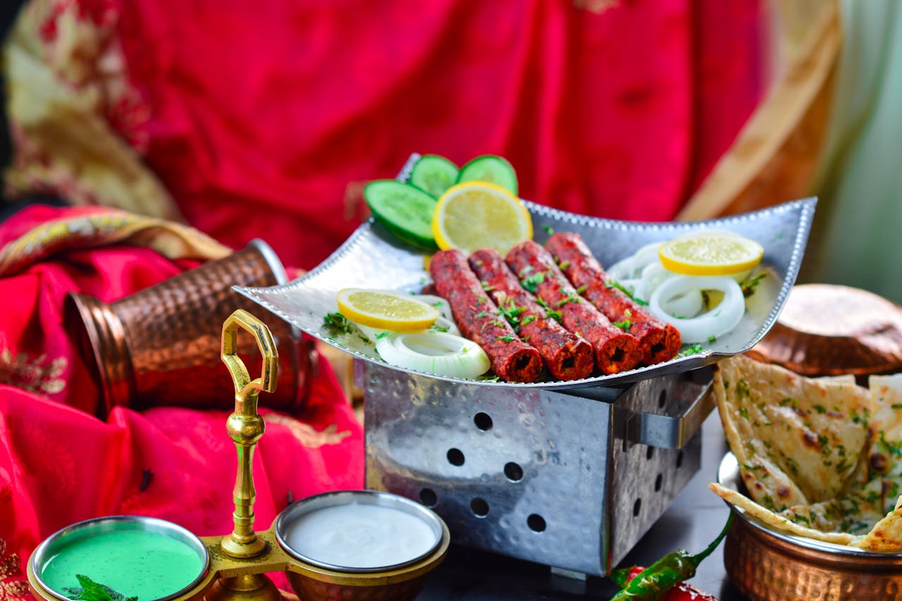 Seekh kabob platter with chutney and naan